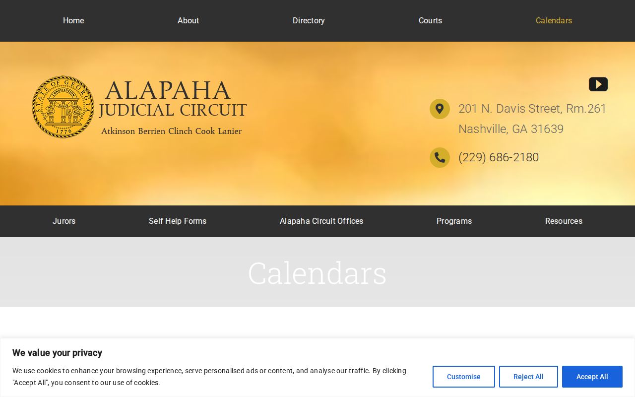 Cook County court dates on the Alapaha Judicial Circuit calendar index