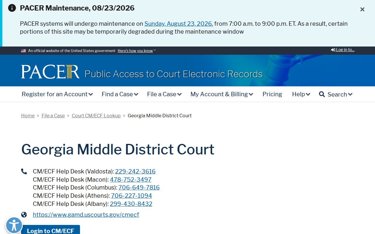 PACER Middle District of Georgia court lookup for a Cook County federal traffic case